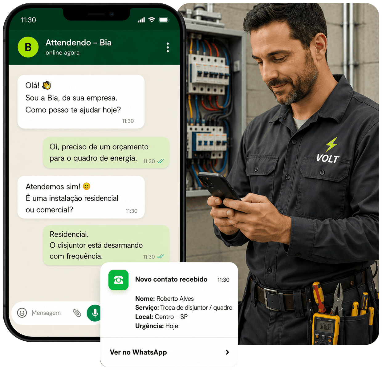 Exemplo do Attendendo para um eletricista, com conversa sobre quadro de força e novo contato organizado